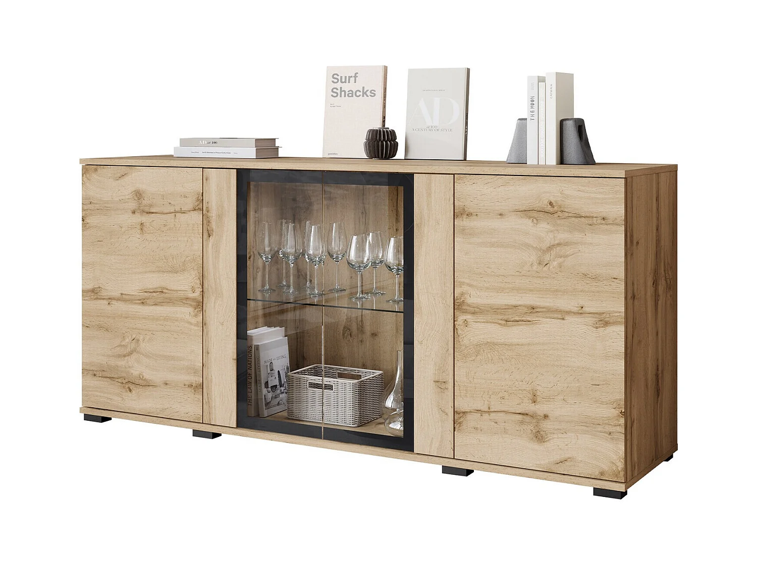 Buffet Torcame 102, Chêne wotan, 70x150x40cm, Verre trempé|Stratifié