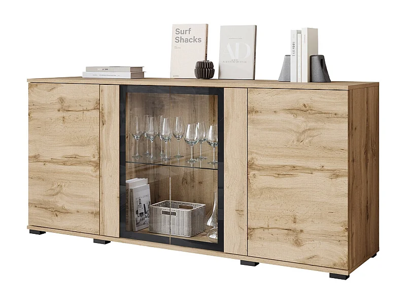 Buffet Torcame 102, Chêne wotan, 70x150x40cm, Verre trempé|Stratifié