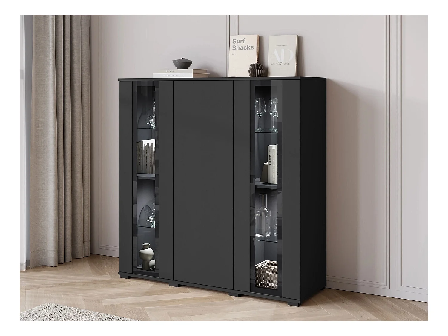 Buffet Torcame 100, Noir, 122x120x40cm, Verre trempé|Stratifié