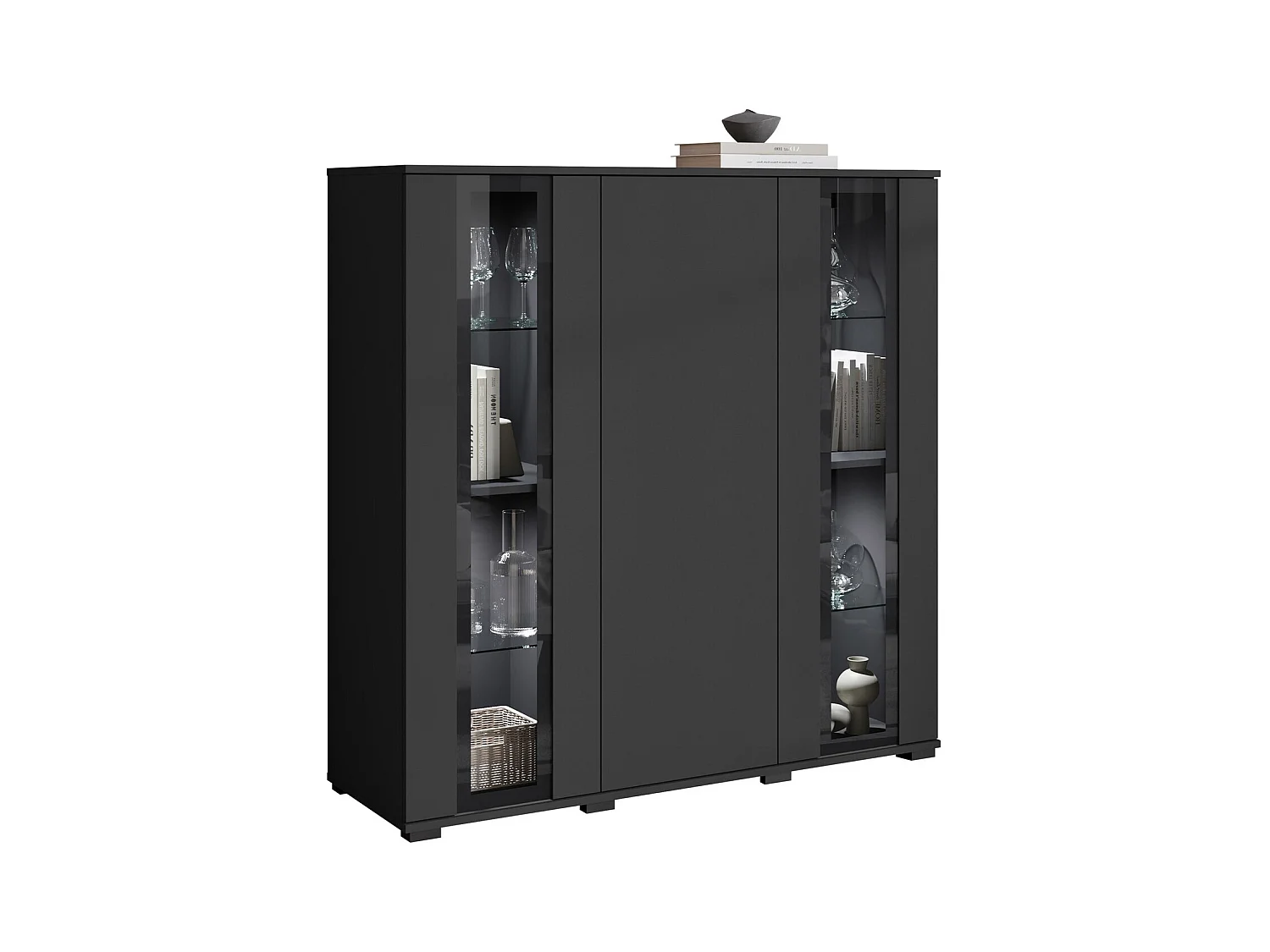 Buffet Torcame 100, Noir, 122x120x40cm, Verre trempé|Stratifié