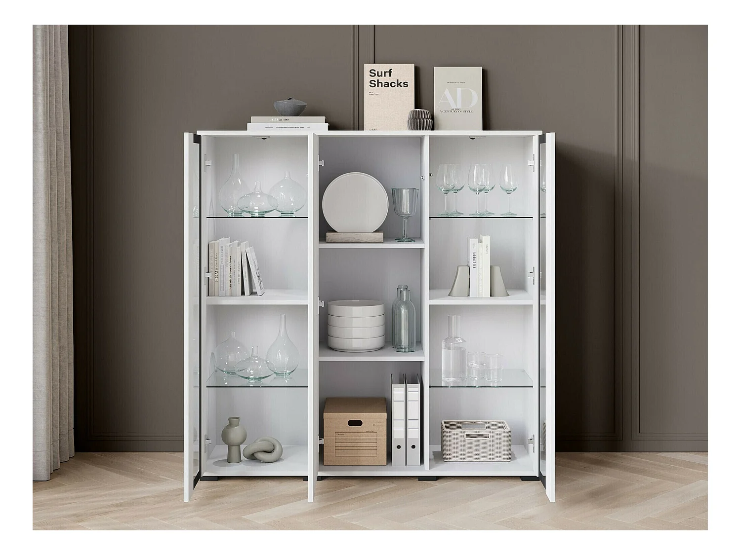 Buffet Torcame 100, Noir, 122x120x40cm, Verre trempé|Stratifié