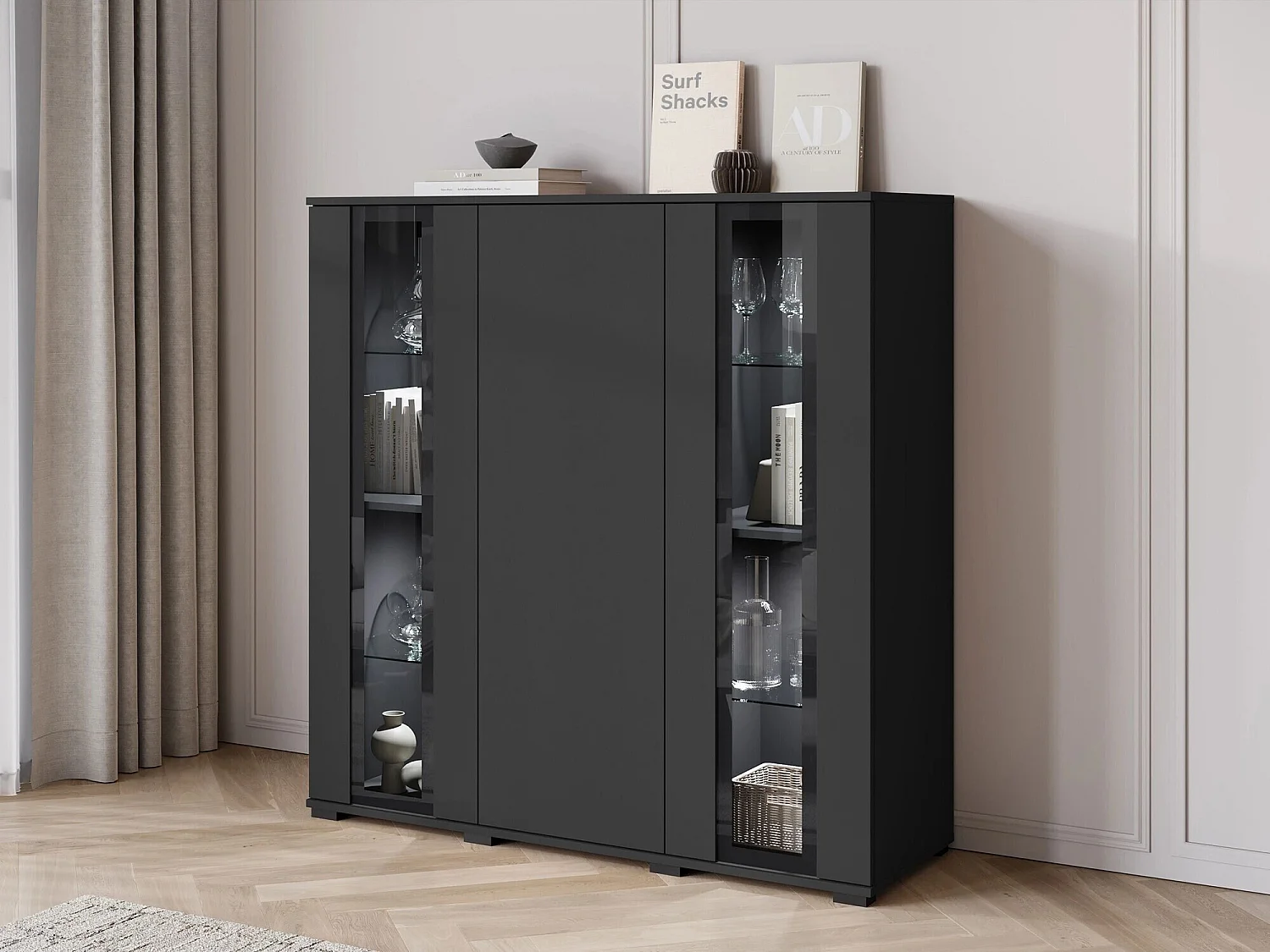 Aparador Torcame 100, Negro, 122x120x40cm, Vidrio templado|Aglomerado laminado