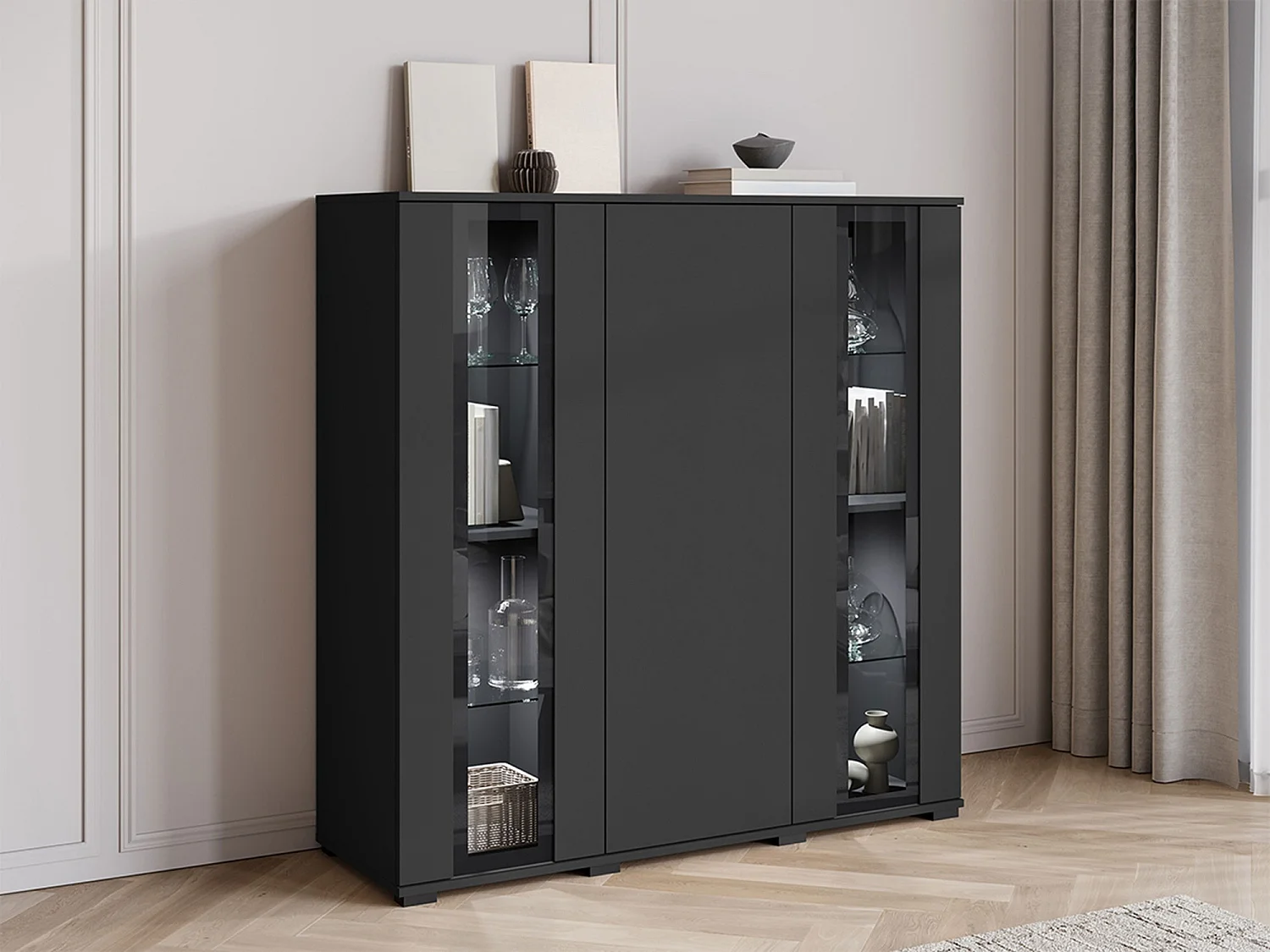 Buffet Torcame 100, Noir, 122x120x40cm, Verre trempé|Stratifié