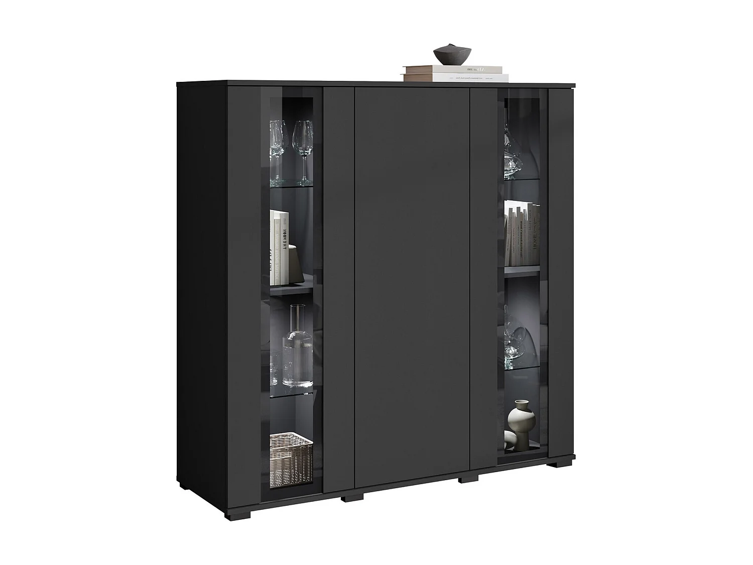 Buffet Torcame 100, Noir, 122x120x40cm, Verre trempé|Stratifié