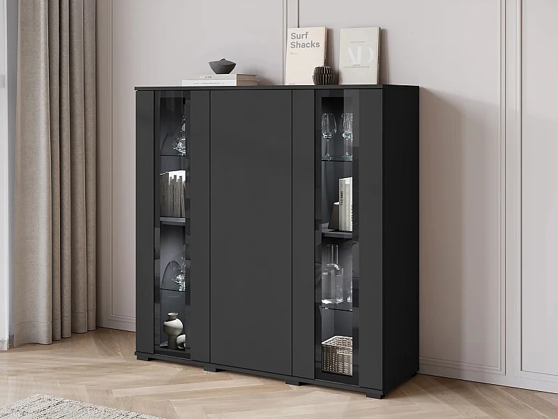 Buffet Torcame 100, Noir, 122x120x40cm, Stratifié|Verre trempé