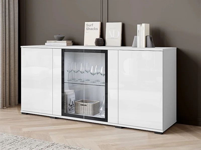 Buffet Torcame 102, Blanc|Blanc brillant, 70x150x40cm, Verre trempé|Stratifié