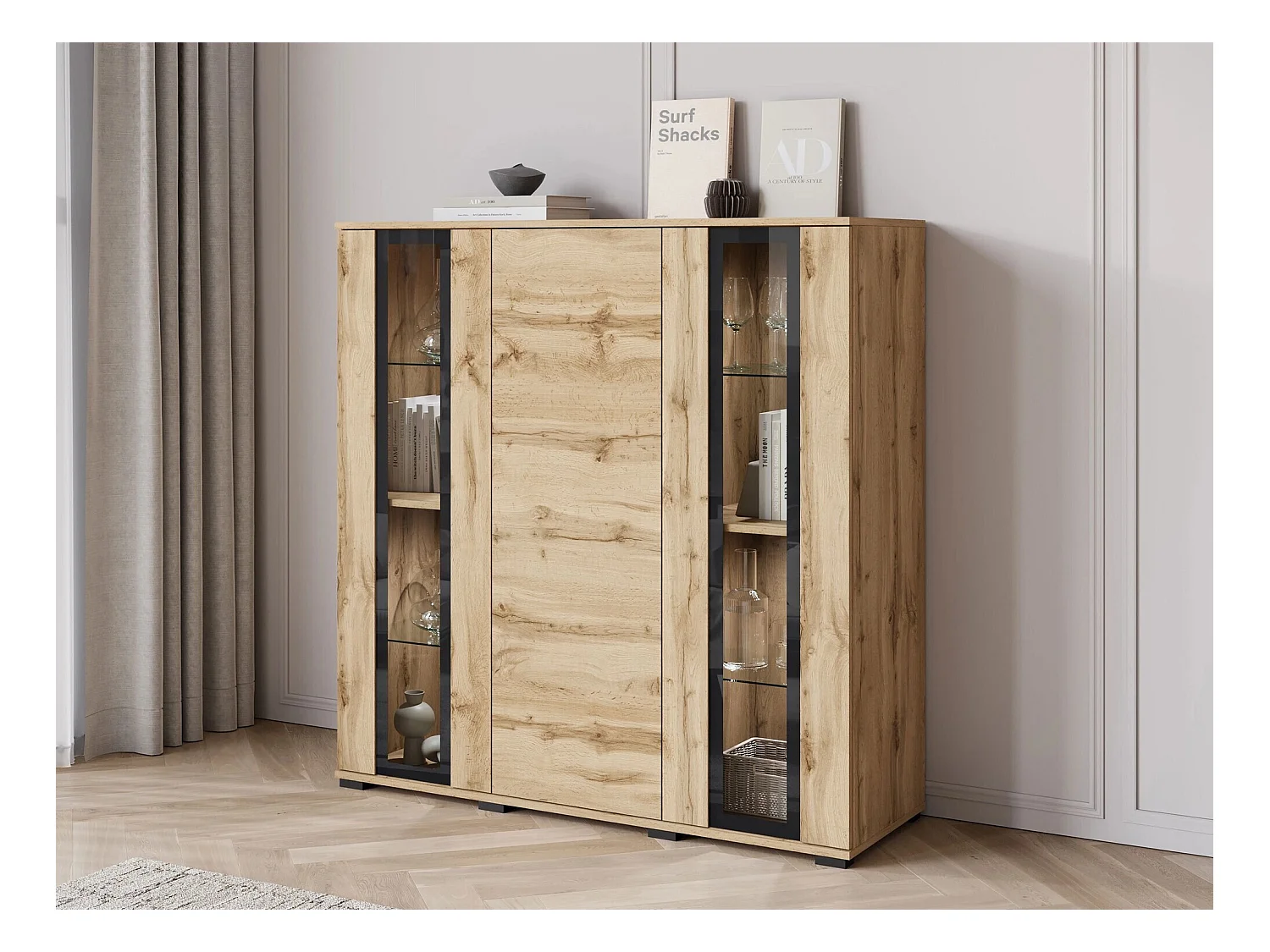 Buffet Torcame 100, Chêne wotan, 122x120x40cm, Verre trempé|Stratifié