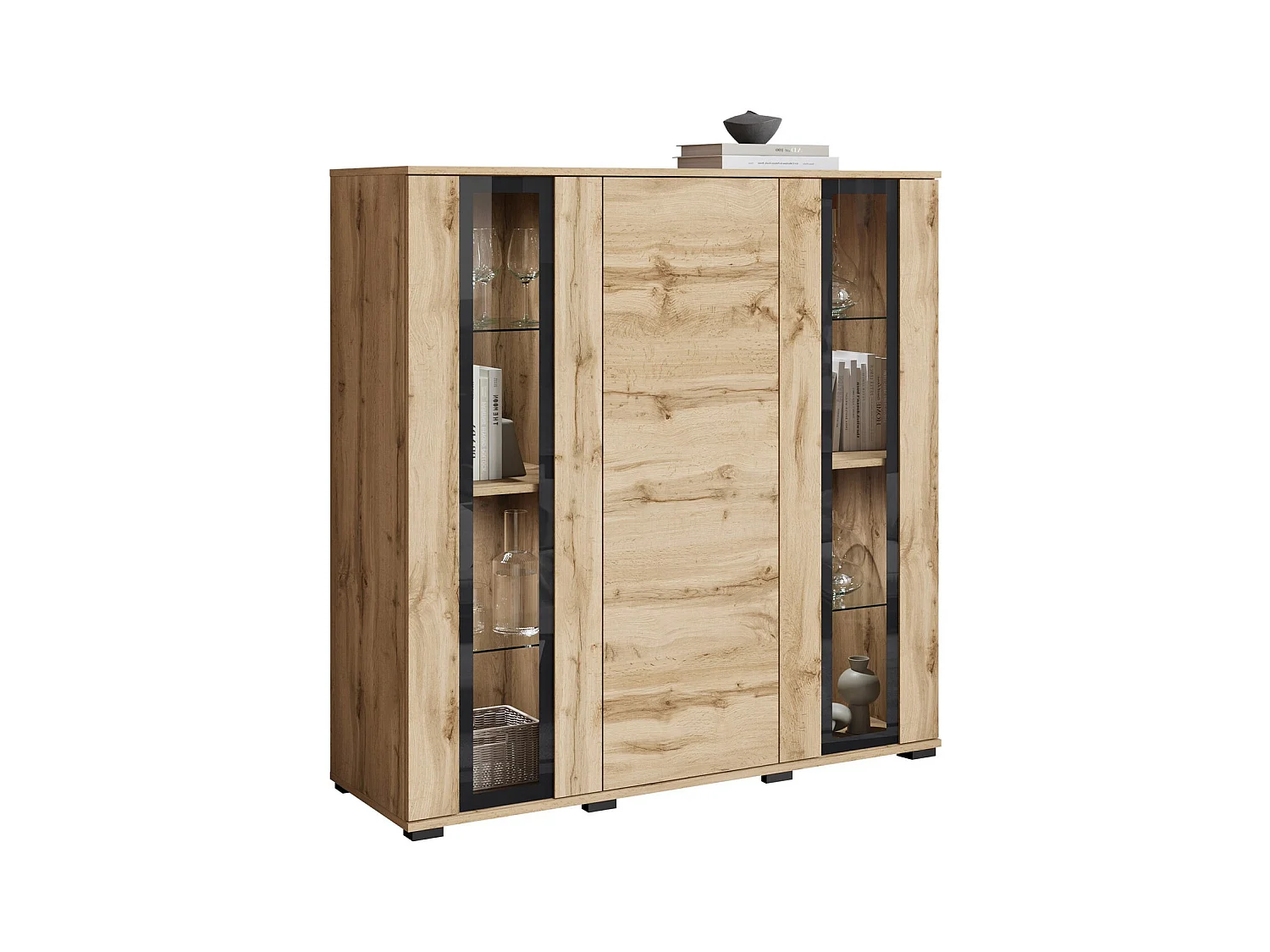 Buffet Torcame 100, Chêne wotan, 122x120x40cm, Stratifié|Verre trempé