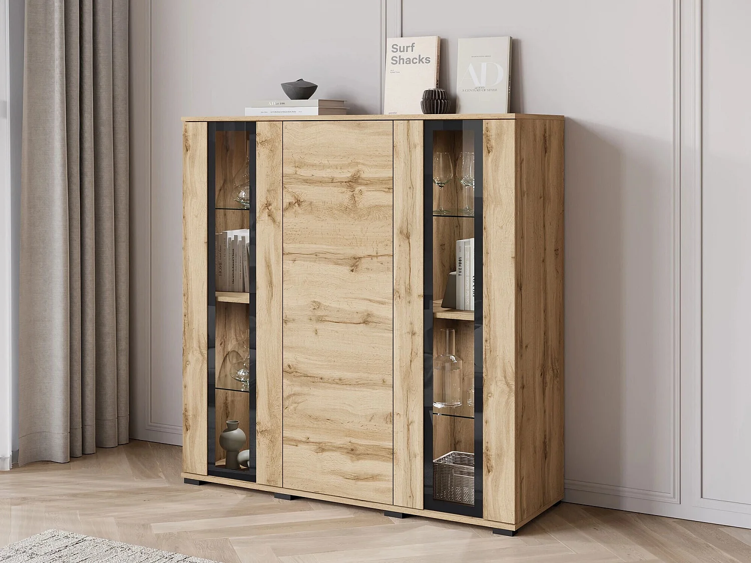 Aparador Torcame 100, Roble wotan, 122x120x40cm, Vidrio templado|Aglomerado laminado