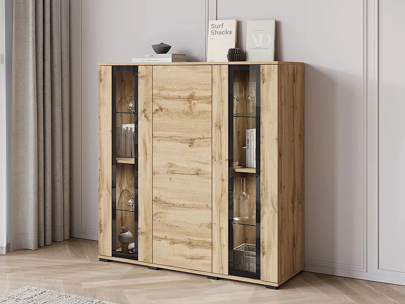 Buffet Torcame 100, Chêne wotan, 122x120x40cm, Stratifié|Verre trempé