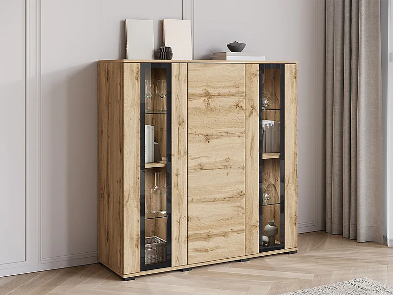 Aparador Torcame 100, Roble wotan, 122x120x40cm, Vidrio templado|Aglomerado laminado