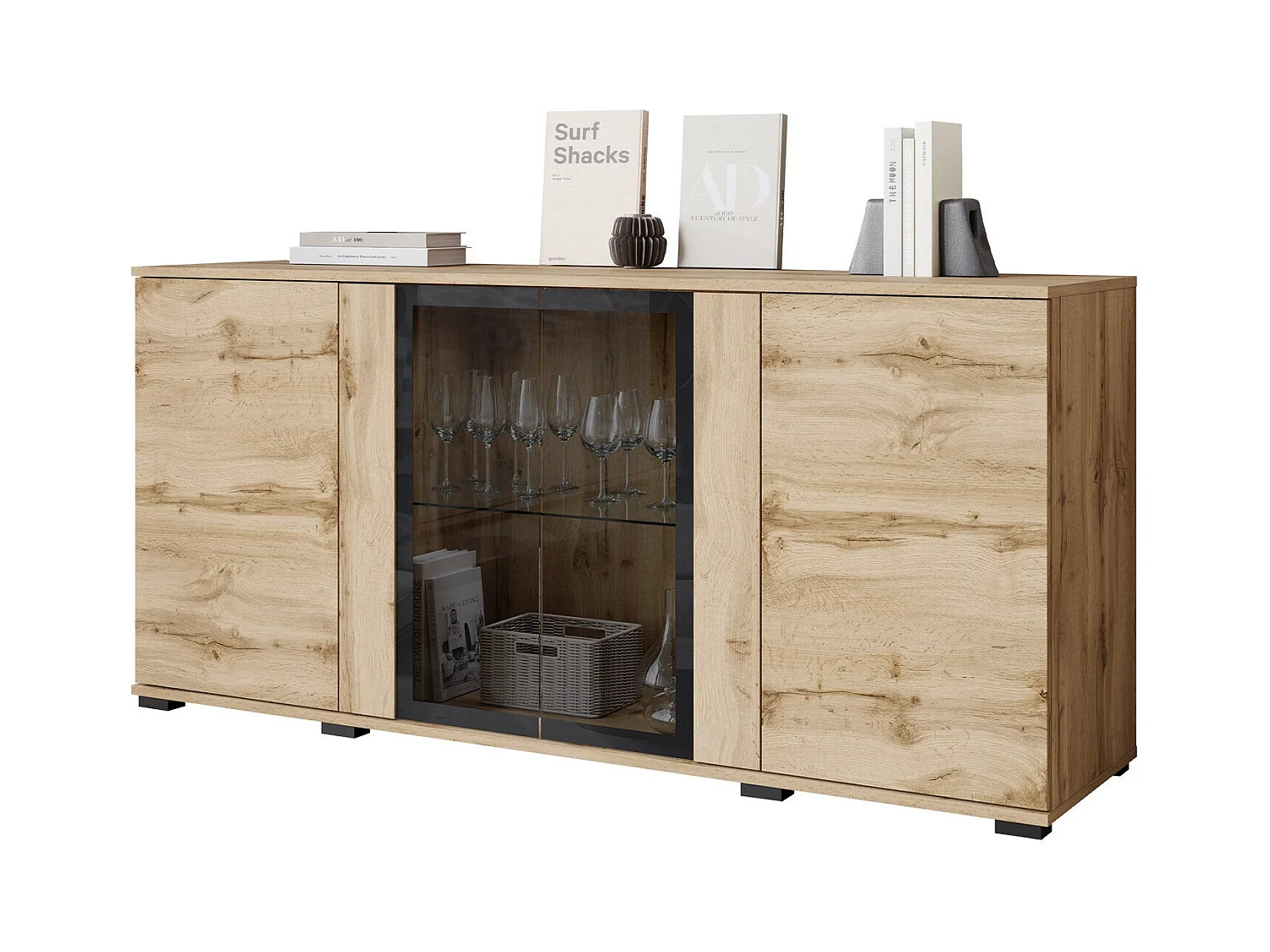 Buffet Torcame 102, Chêne wotan, 70x150x40cm, Verre trempé|Stratifié