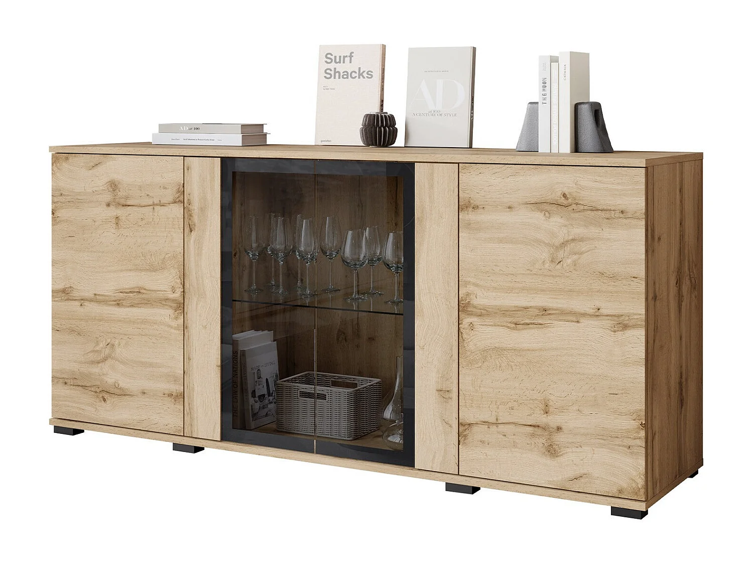 Aparador Torcame 102, Roble wotan, 70x150x40cm, Vidrio templado|Aglomerado laminado