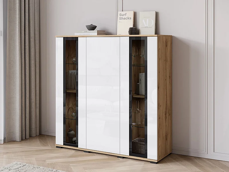 Buffet Torcame 100, Blanc brillant|Chêne wotan, 122x120x40cm, Stratifié|Verre trempé