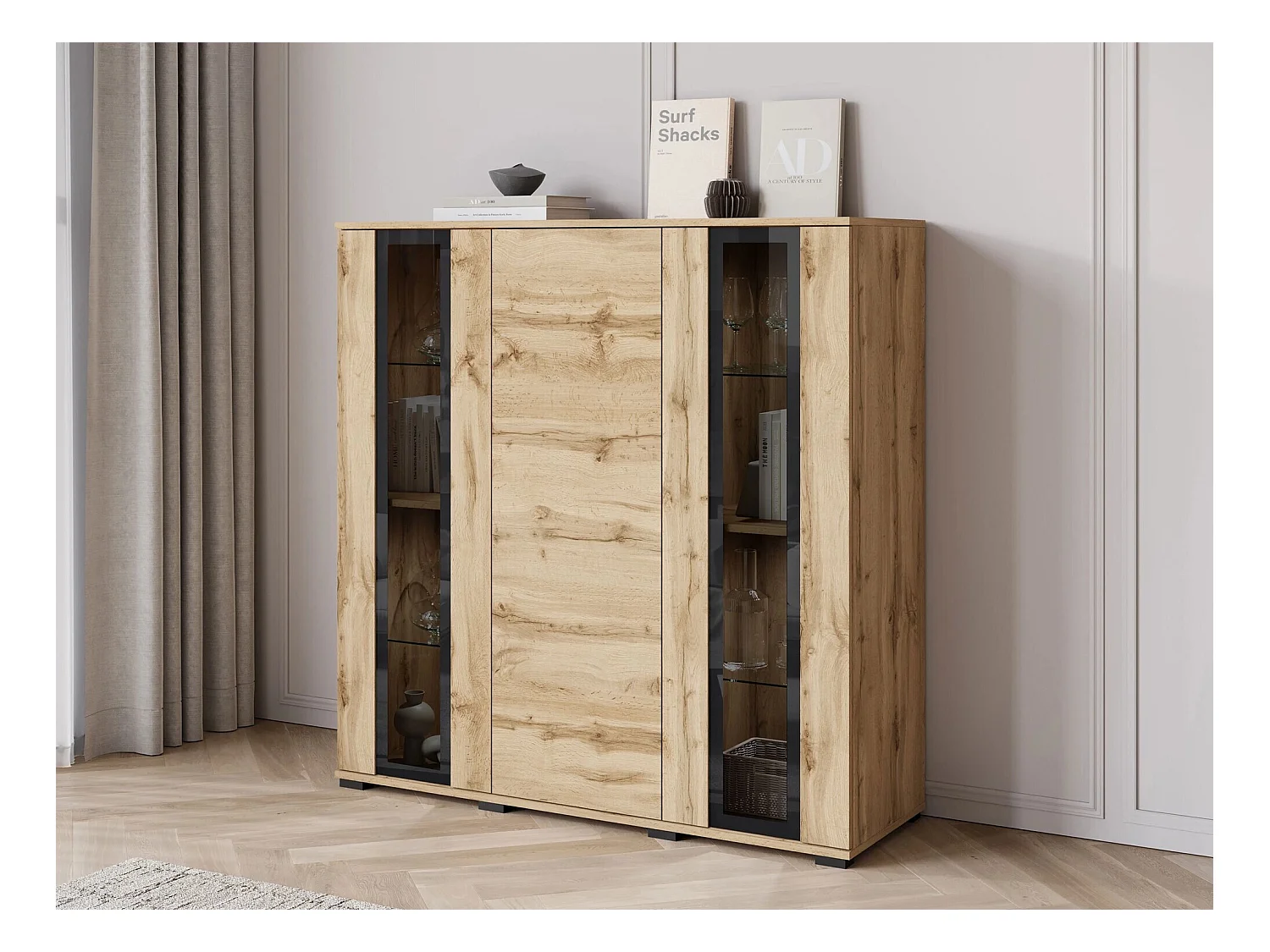 Buffet Torcame 100, Chêne wotan, 122x120x40cm, Verre trempé|Stratifié