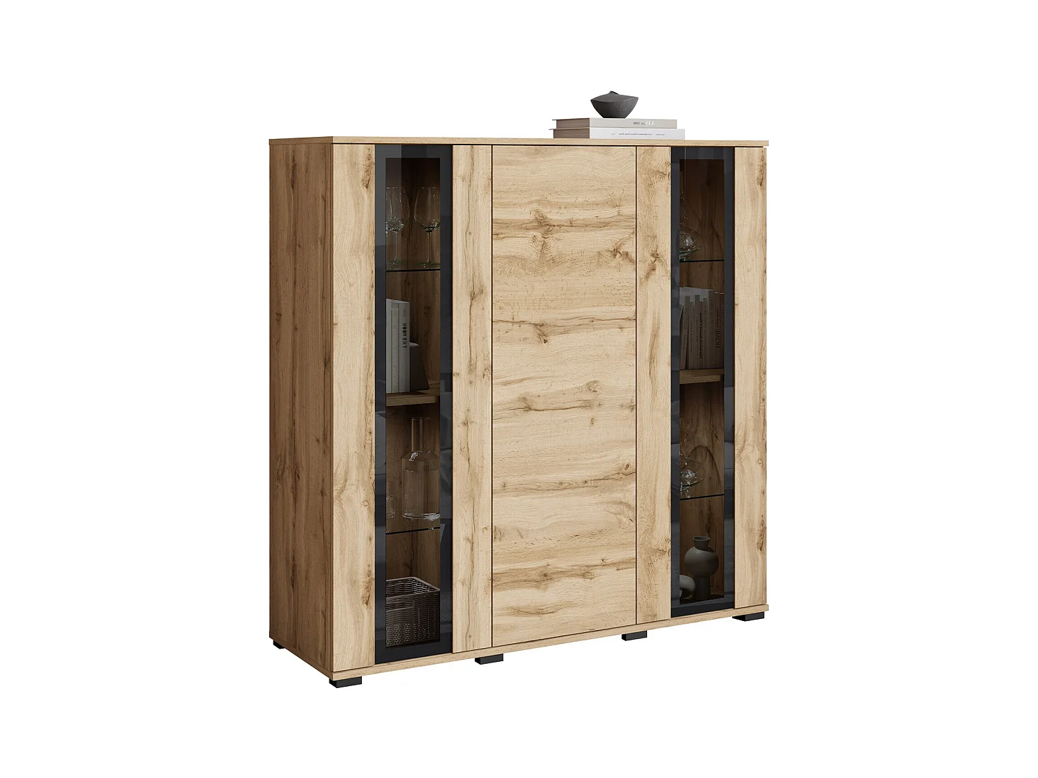 Buffet Torcame 100, Chêne wotan, 122x120x40cm, Verre trempé|Stratifié