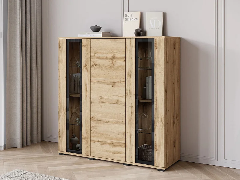 Buffet Torcame 100, Chêne wotan, 122x120x40cm, Verre trempé|Stratifié