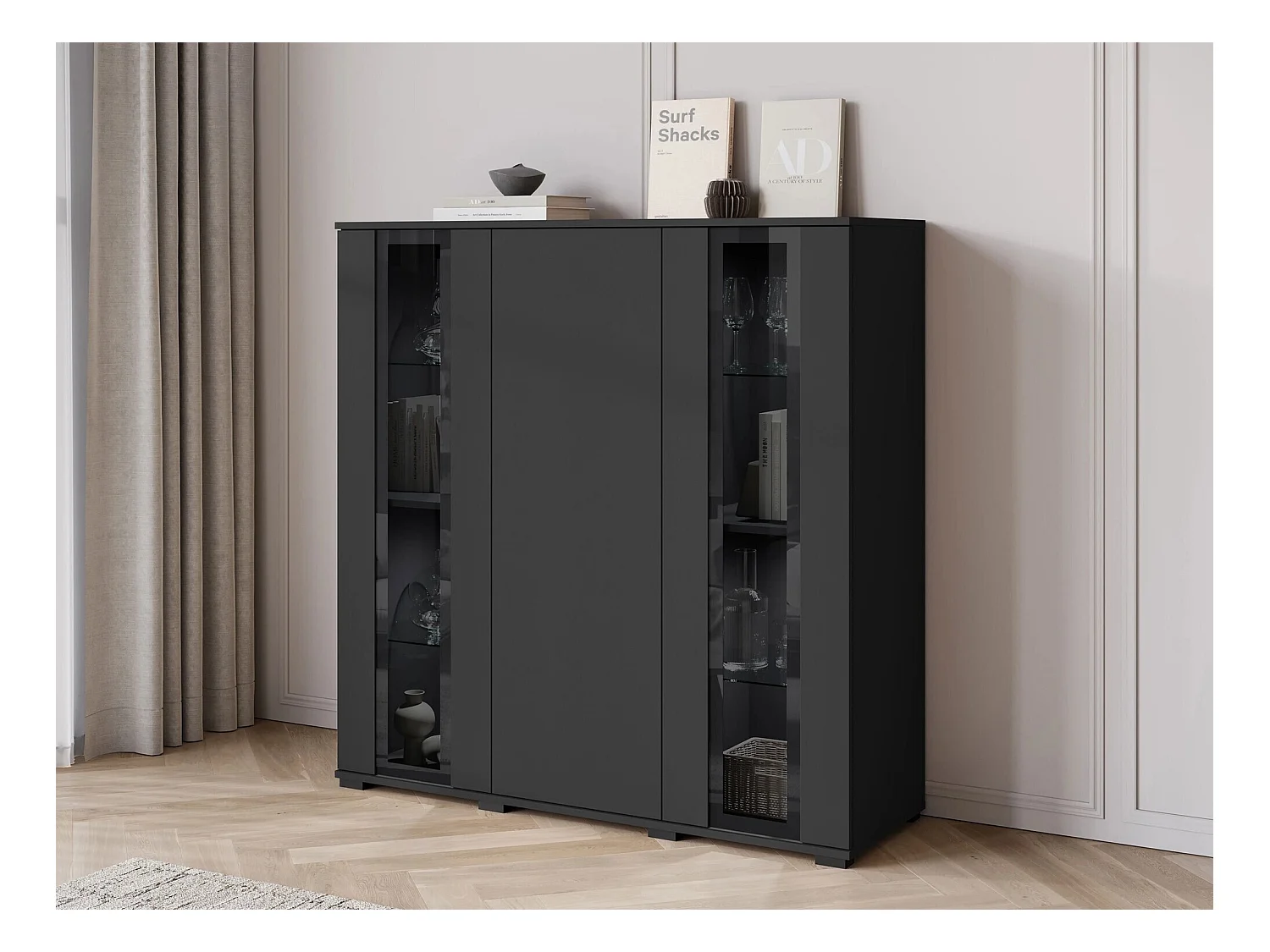 Buffet Torcame 100, Noir, 122x120x40cm, Verre trempé|Stratifié