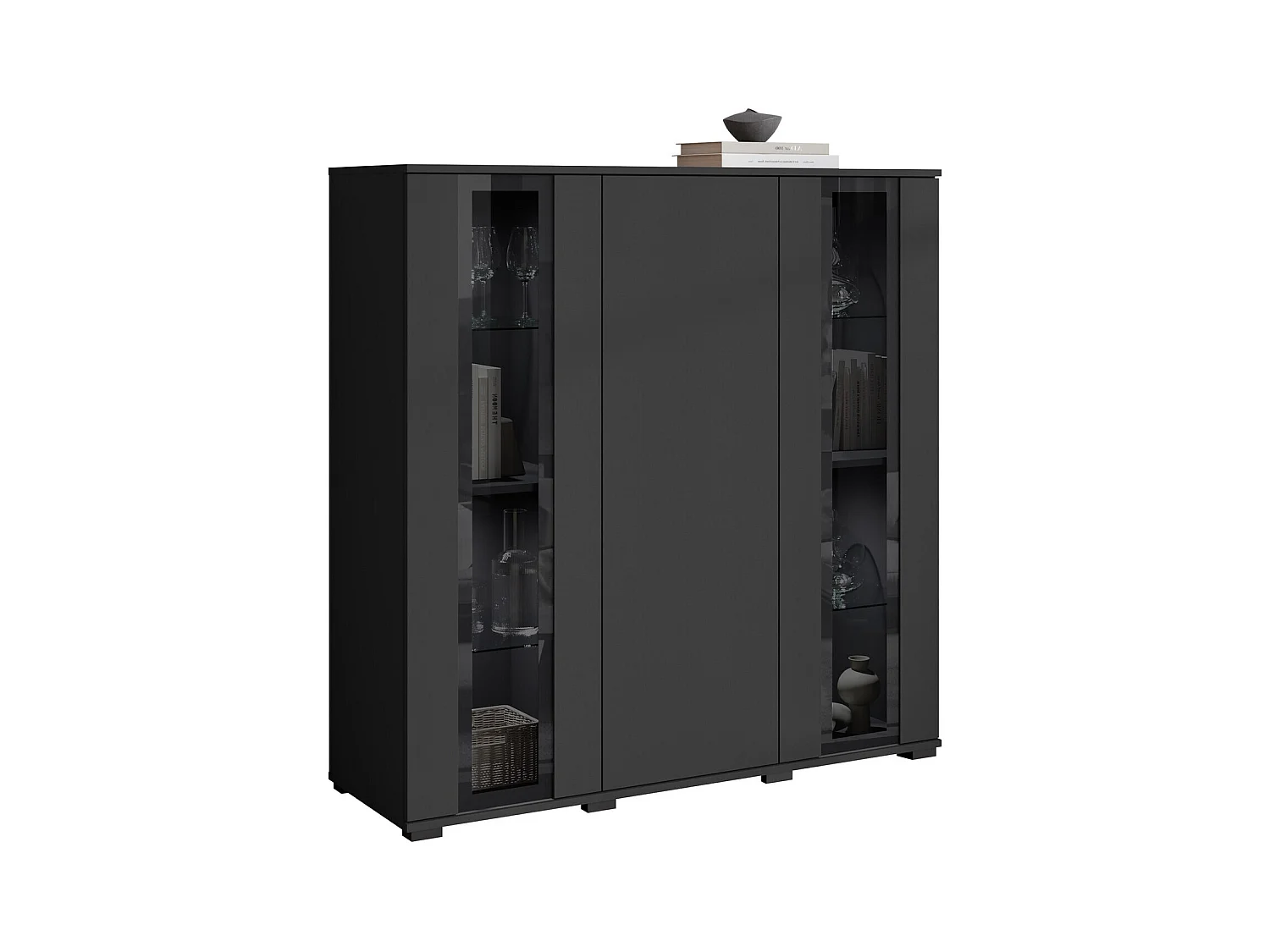 Buffet Torcame 100, Noir, 122x120x40cm, Verre trempé|Stratifié