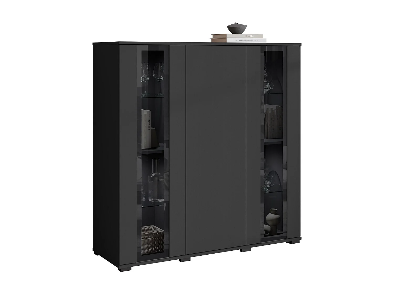 Buffet Torcame 100, Noir, 122x120x40cm, Verre trempé|Stratifié