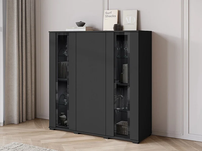 Buffet Torcame 100, Noir, 122x120x40cm, Stratifié|Verre trempé