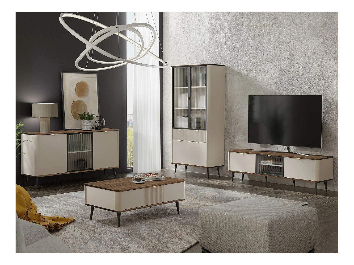 Buffet Lufela 105, Noyer|Cachemire, 82x160x40cm, Stratifié|Verre trempé|MDF
