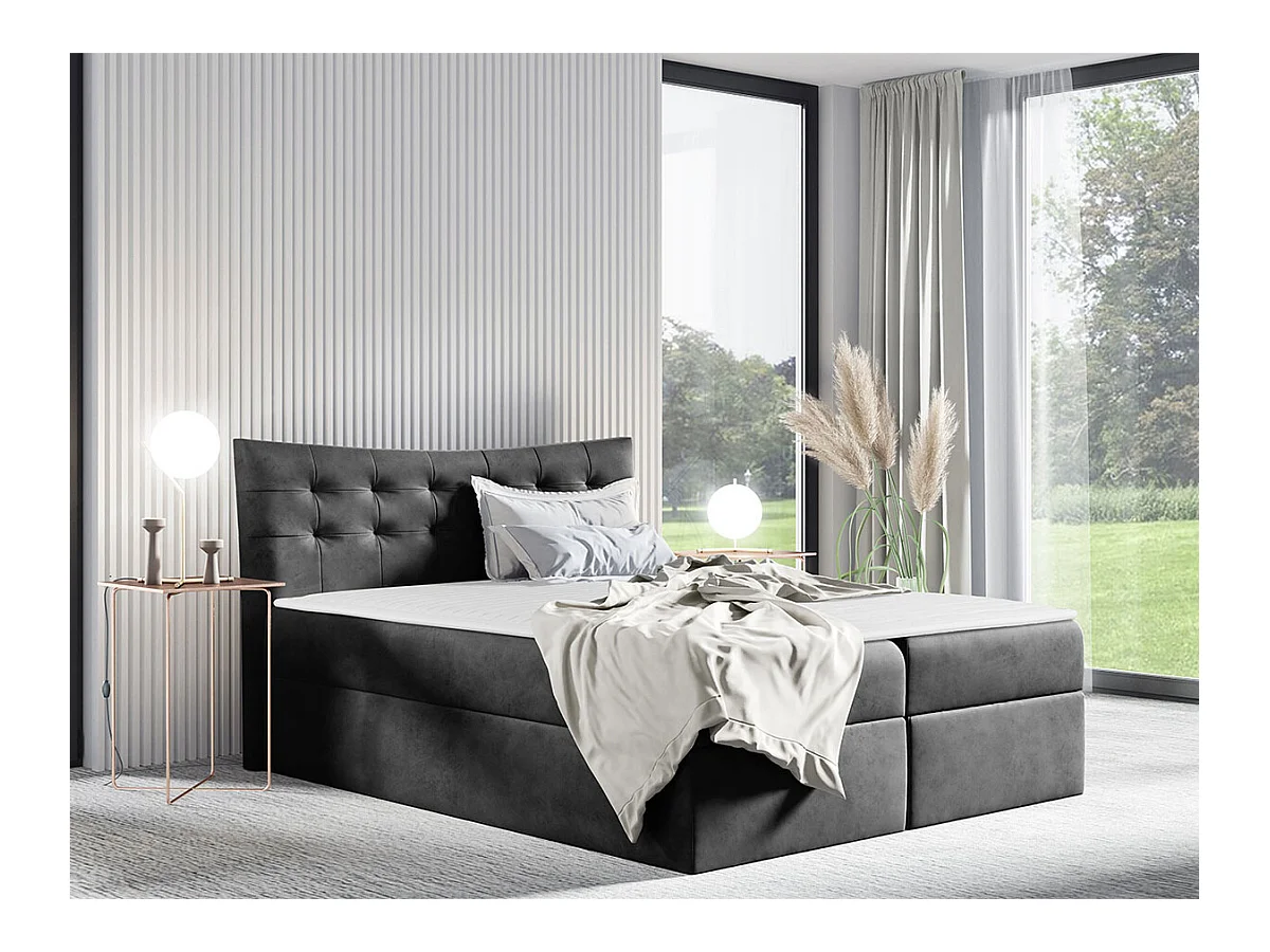 Lit continental Baltimore 157, Continental, Double, Gris, 200x200, Tapisserie, 204x213cm