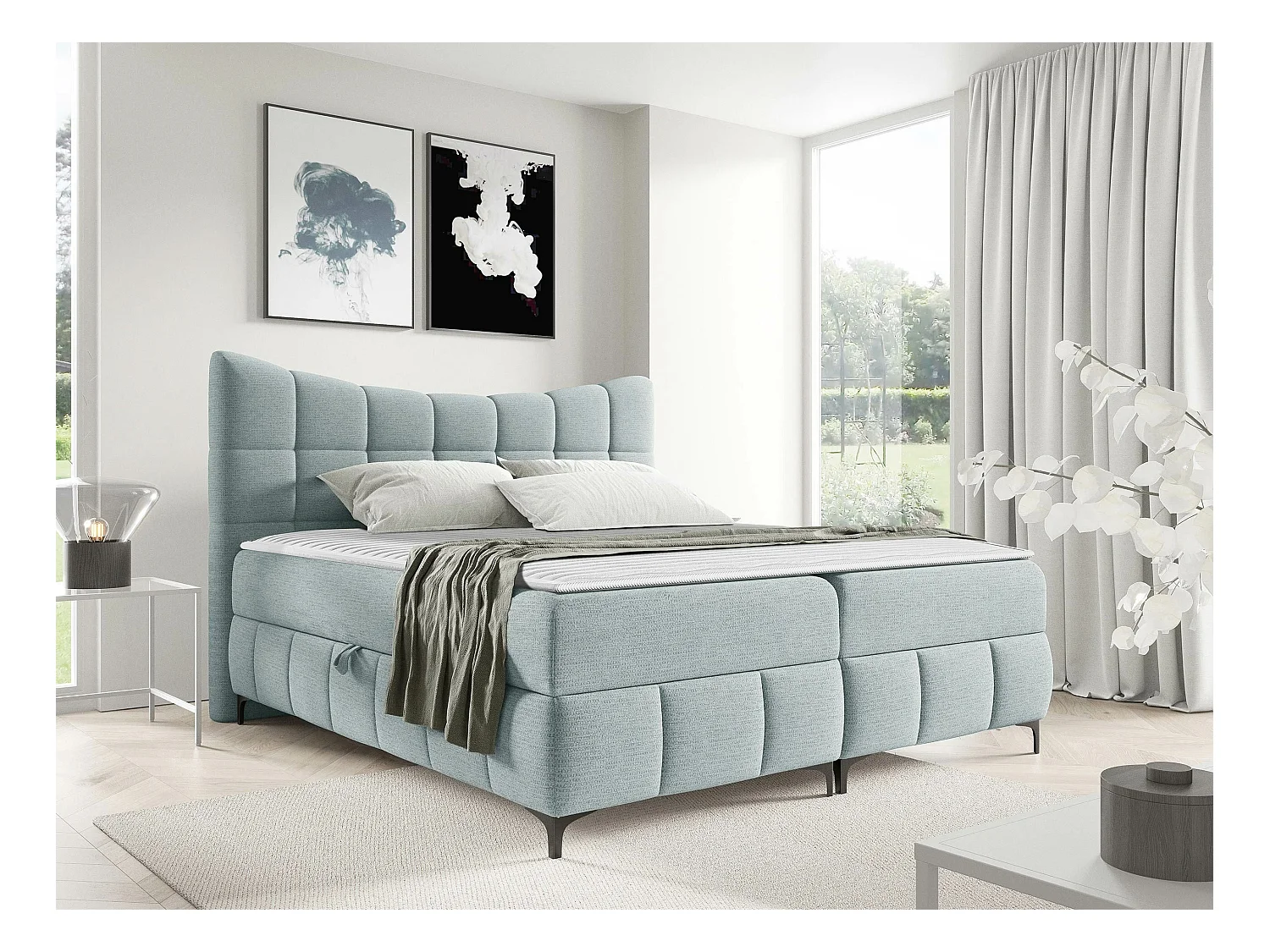 Lit continental Baltimore 193, Continental, Double, Bleu, 200x200, Tapisserie, 204x210cm