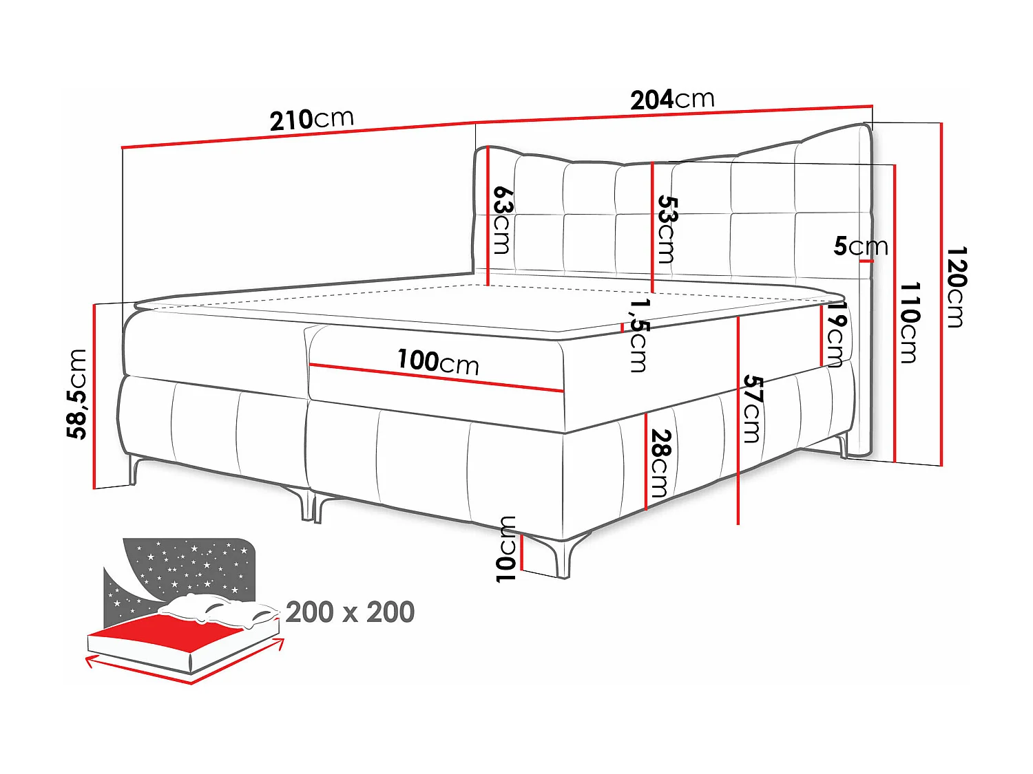 Lit continental Baltimore 193, Continental, Double, Bleu, 200x200, Tapisserie, 204x210cm