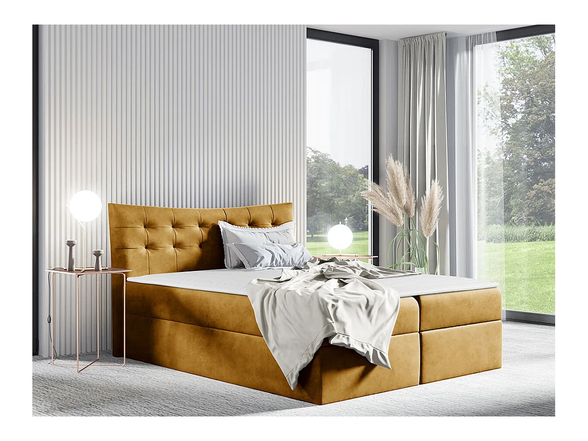 Lit continental Baltimore 157, Double, Continental, Jaune, 200x200, Tapisserie, 204x213cm