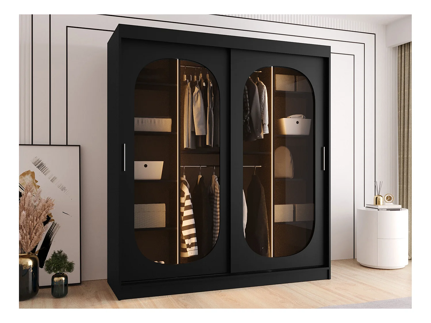 Armoire Hartford 520, Noir, 200x180x62cm, Portes d'armoire: Coulissantes