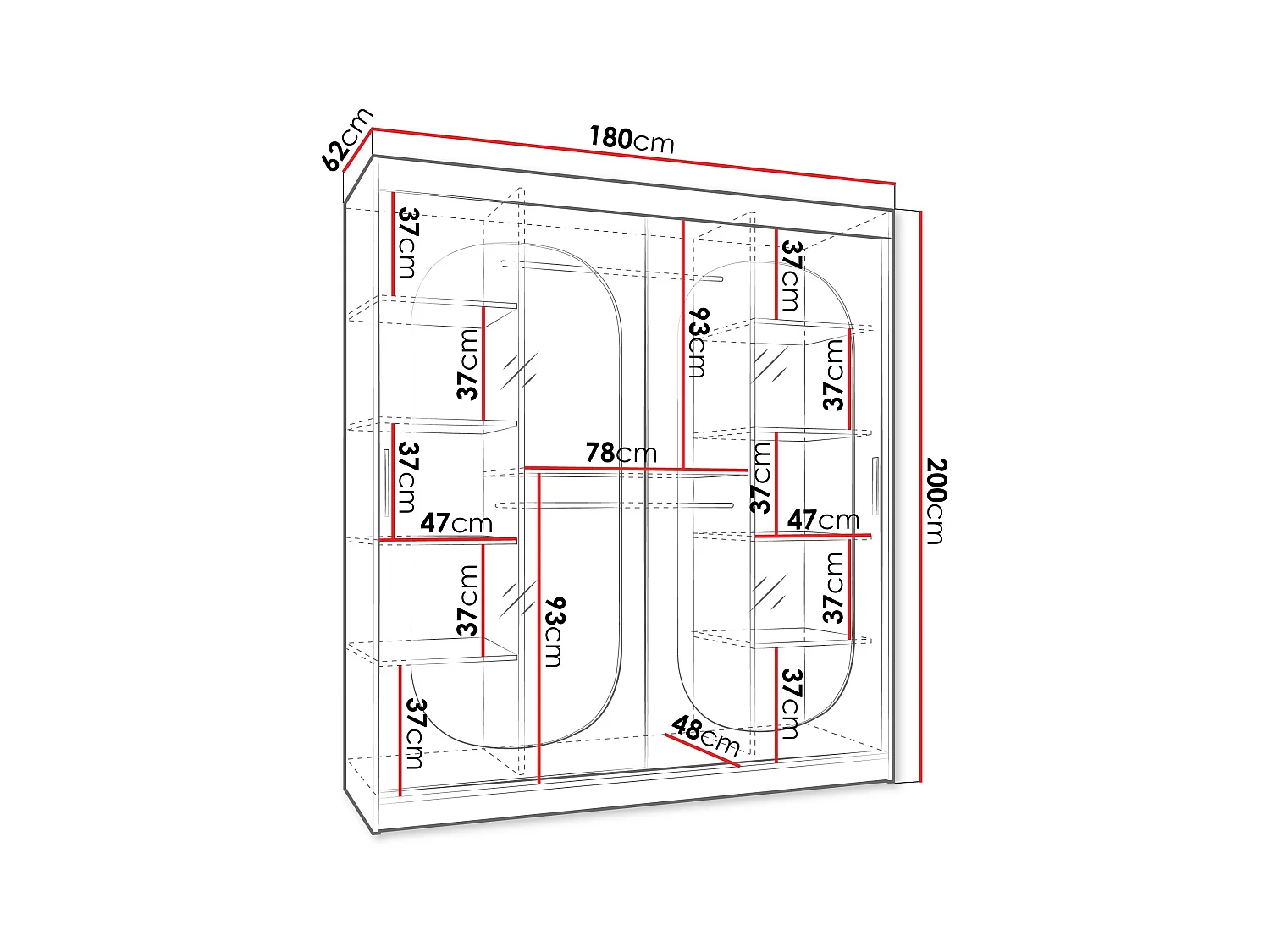 Armoire Hartford 520, Noir, 200x180x62cm, Portes d'armoire: Coulissantes