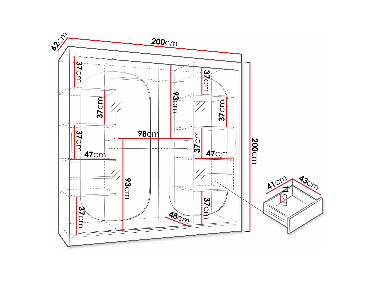 Armario Hartford 521, Negro, 200x200x62cm, Puertas de armario: Correderas