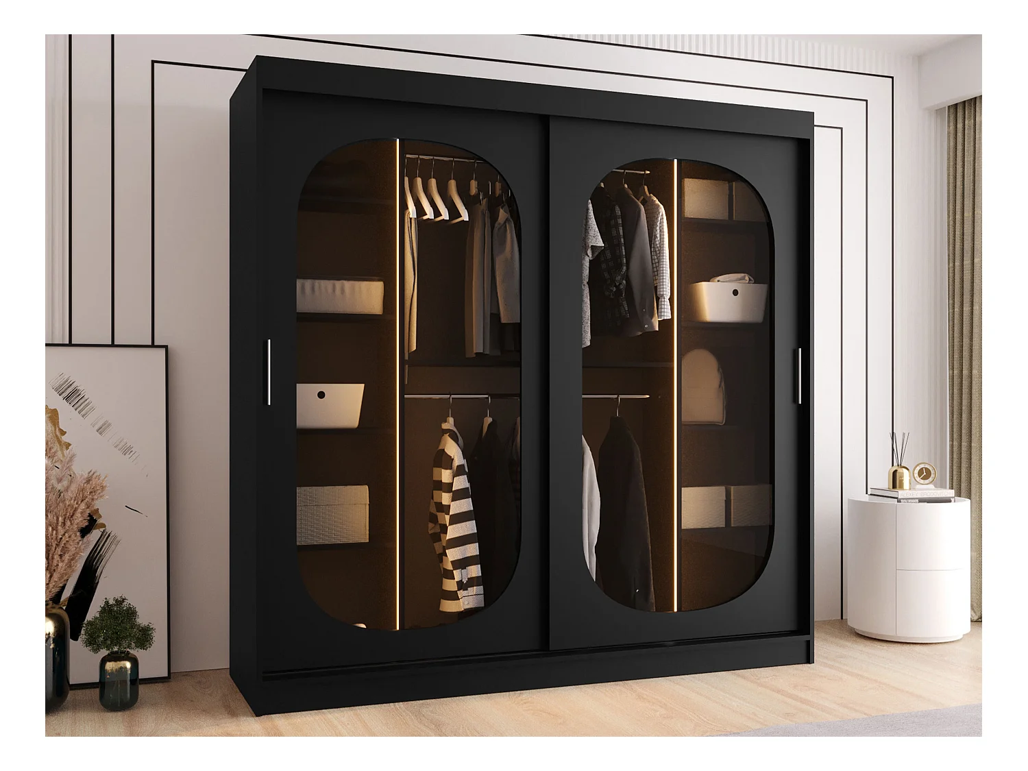 Armoire Hartford 521, Noir, 200x200x62cm, Portes d'armoire: Coulissantes