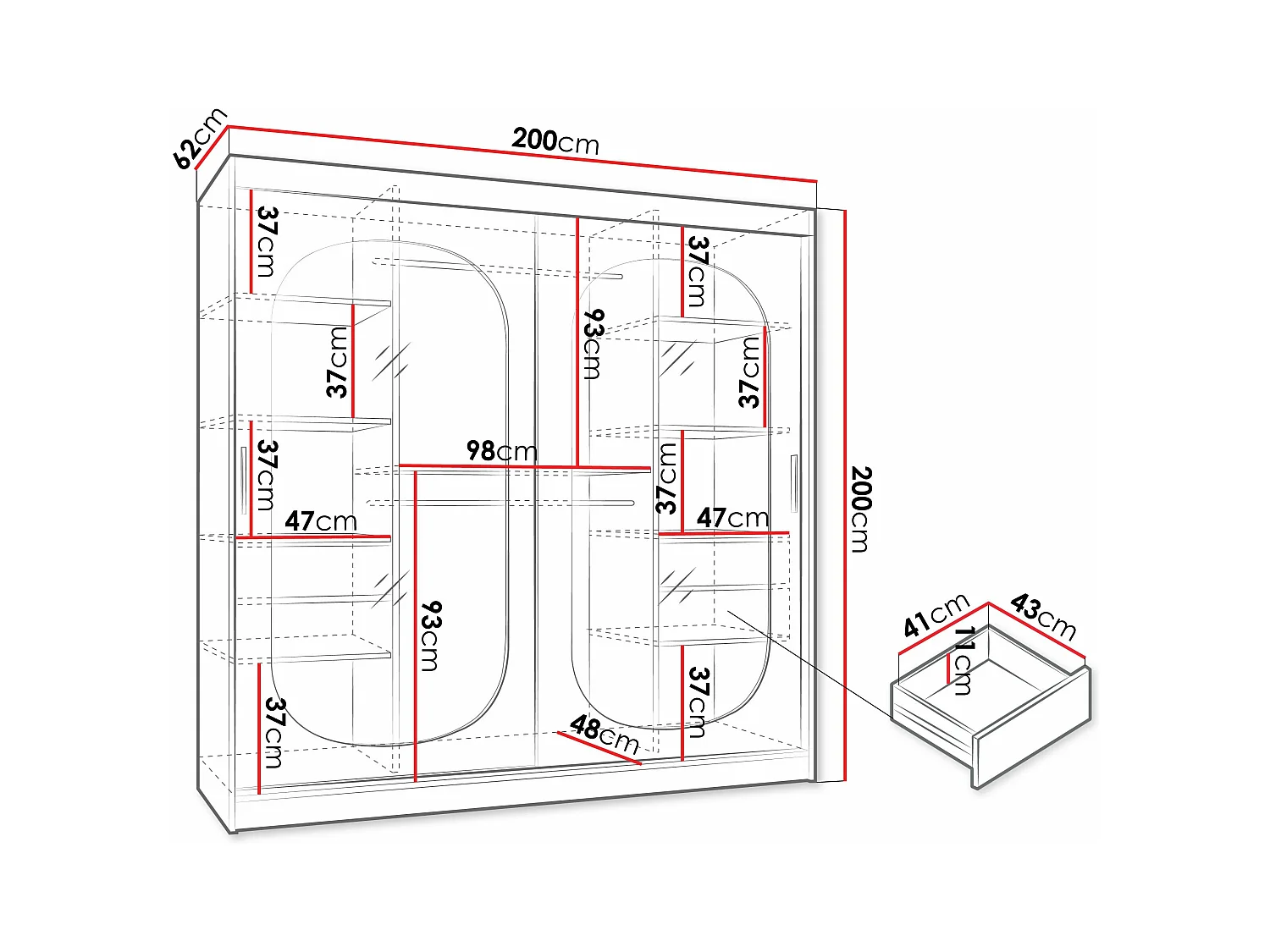 Armoire Hartford 521, Noir, 200x200x62cm, Portes d'armoire: Coulissantes