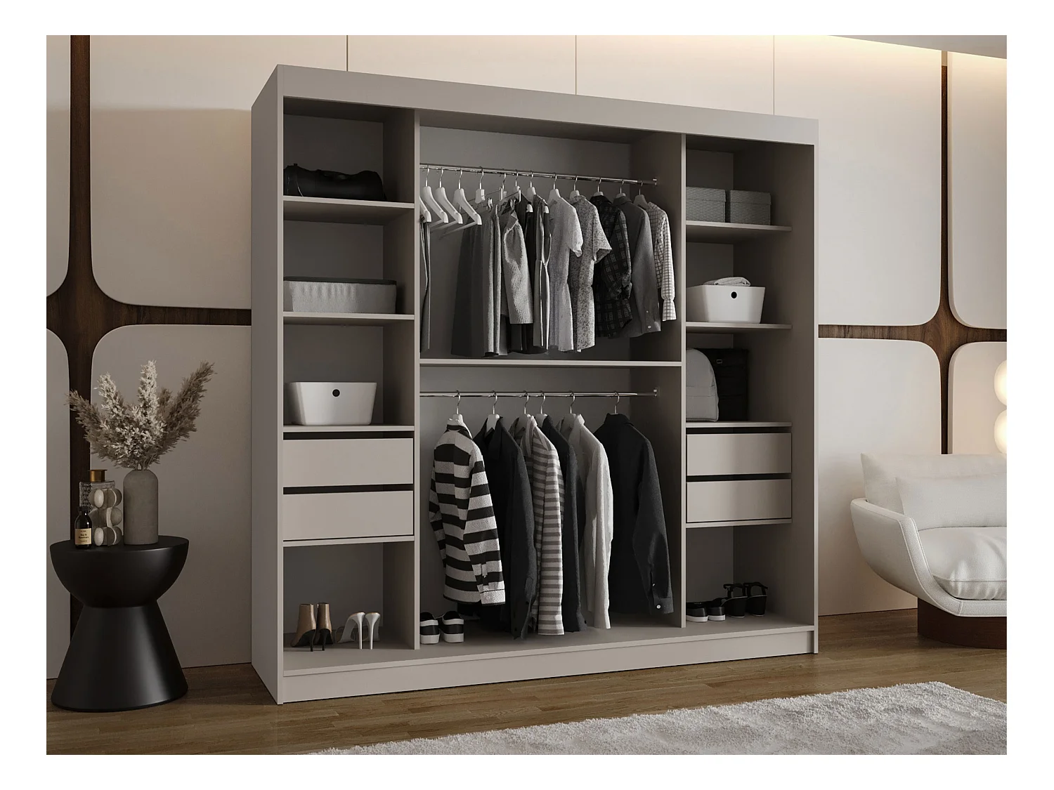 Armoire Hartford 521, Noir, 200x200x62cm, Portes d'armoire: Coulissantes