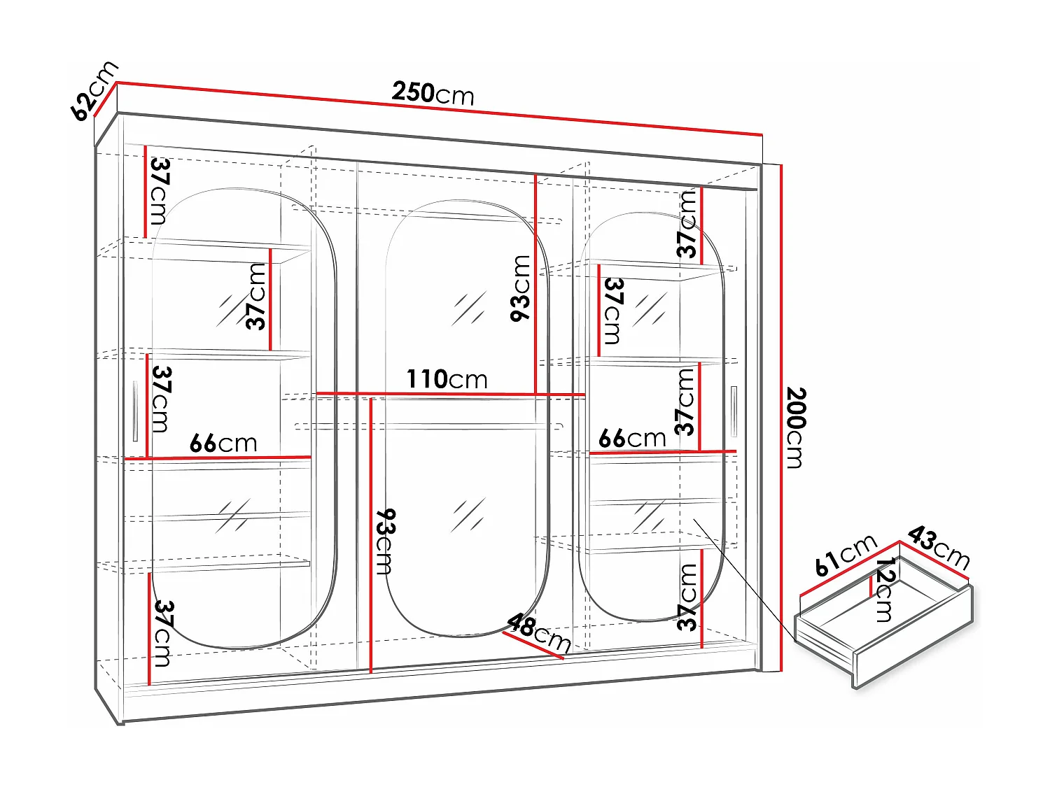 Armario Hartford 522, Negro, 200x250x62cm, Puertas de armario: Correderas