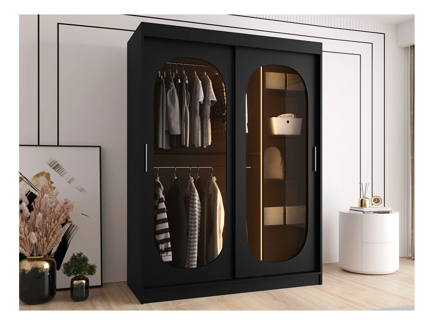 Armoire Hartford 519, Noir, 200x150x62cm, Portes d'armoire: Coulissantes