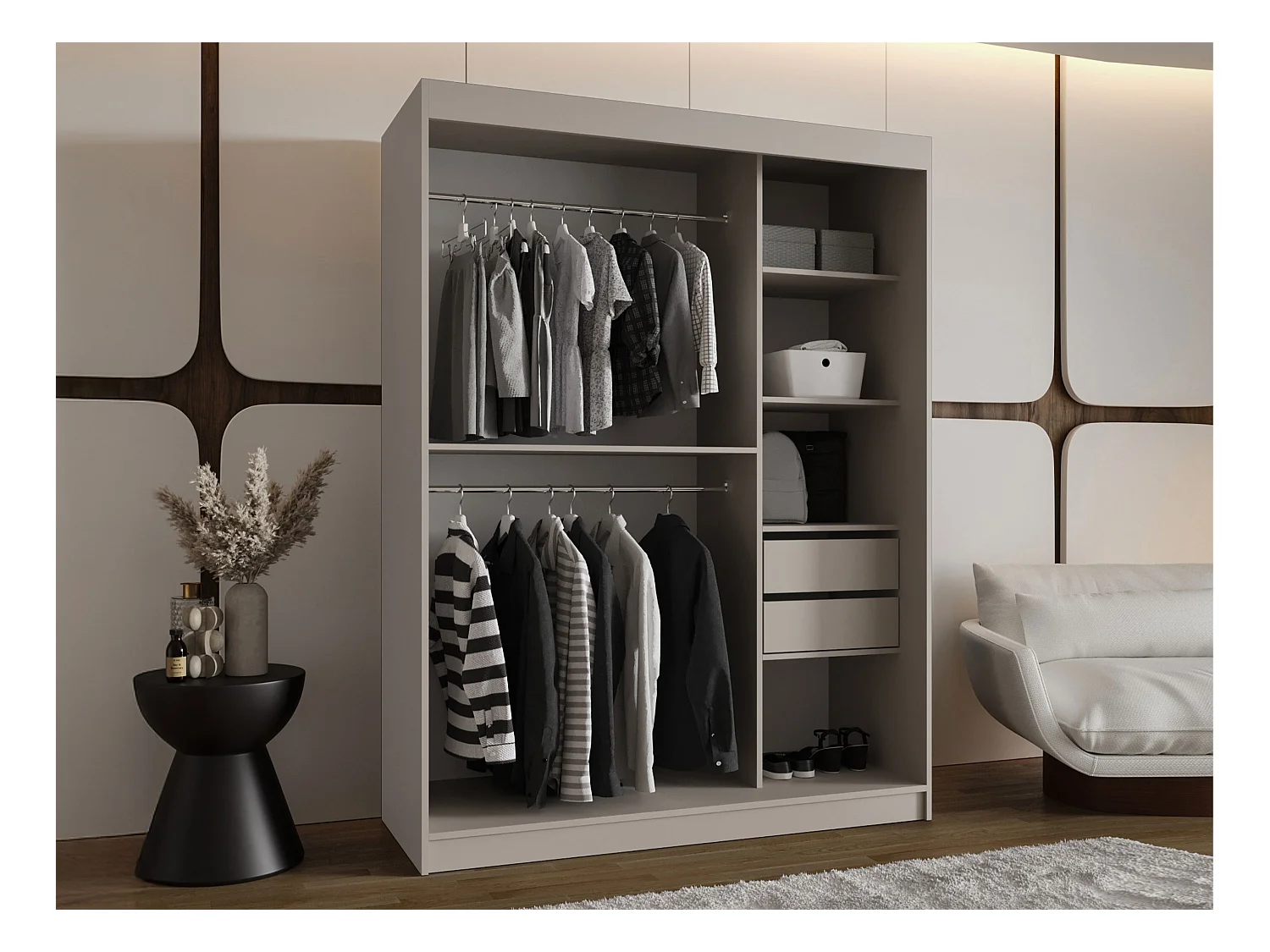 Armoire Hartford 519, Noir, 200x150x62cm, Portes d'armoire: Coulissantes