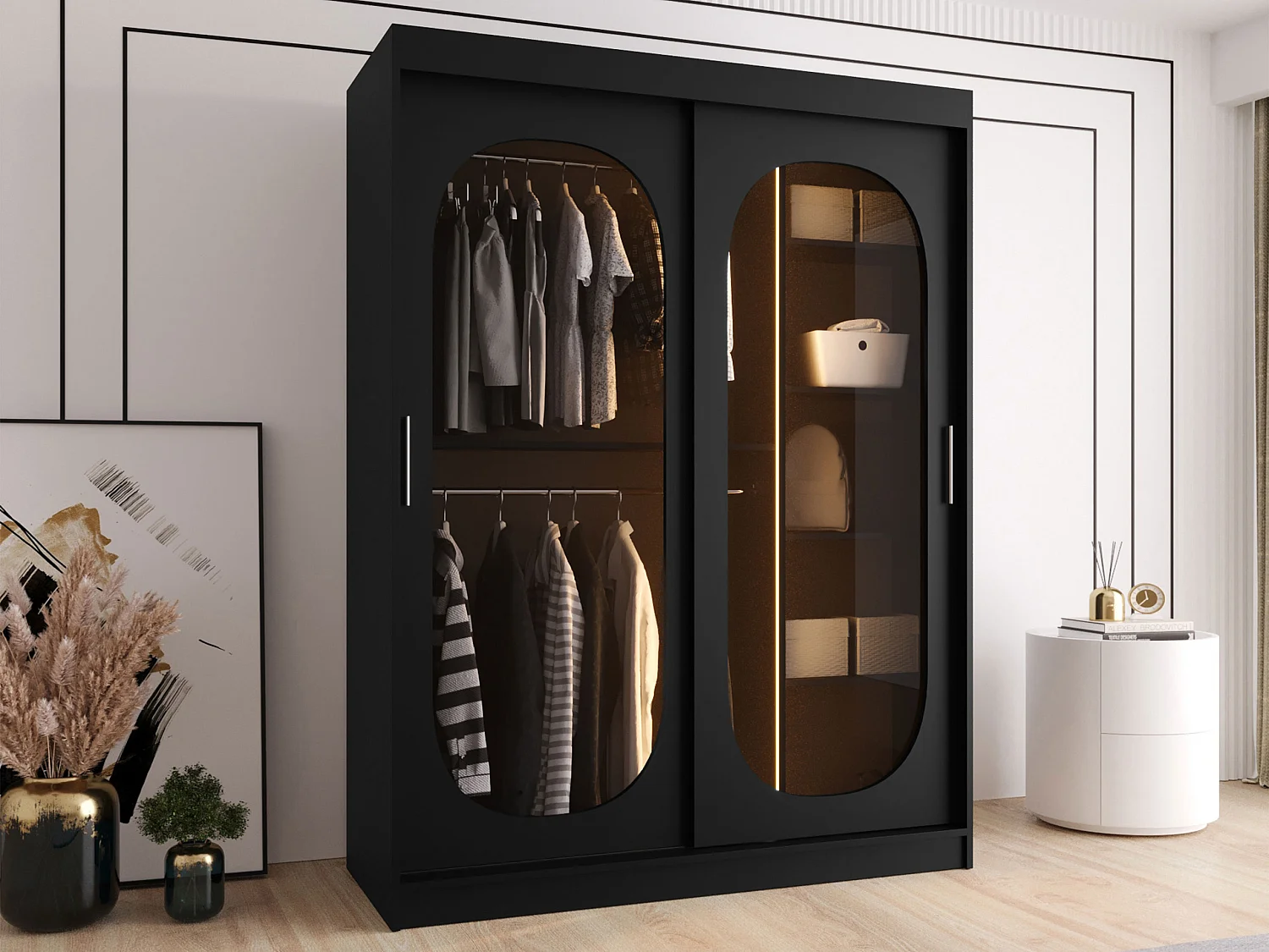 Armario Hartford 519, Negro, 200x150x62cm, Puertas de armario: Correderas