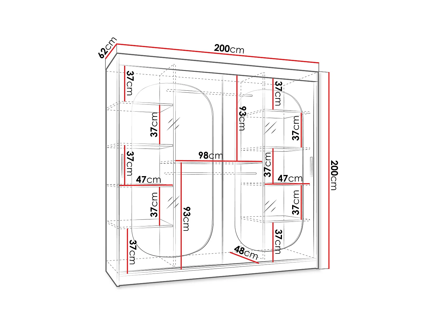 Armario Hartford 521, Negro, 200x200x62cm, Puertas de armario: Correderas
