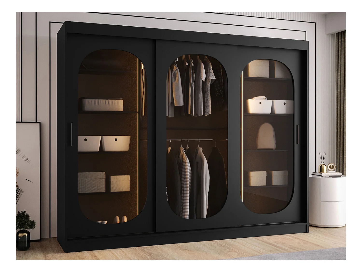Armoire Hartford 522, Noir, 200x250x62cm, Portes d'armoire: Coulissantes
