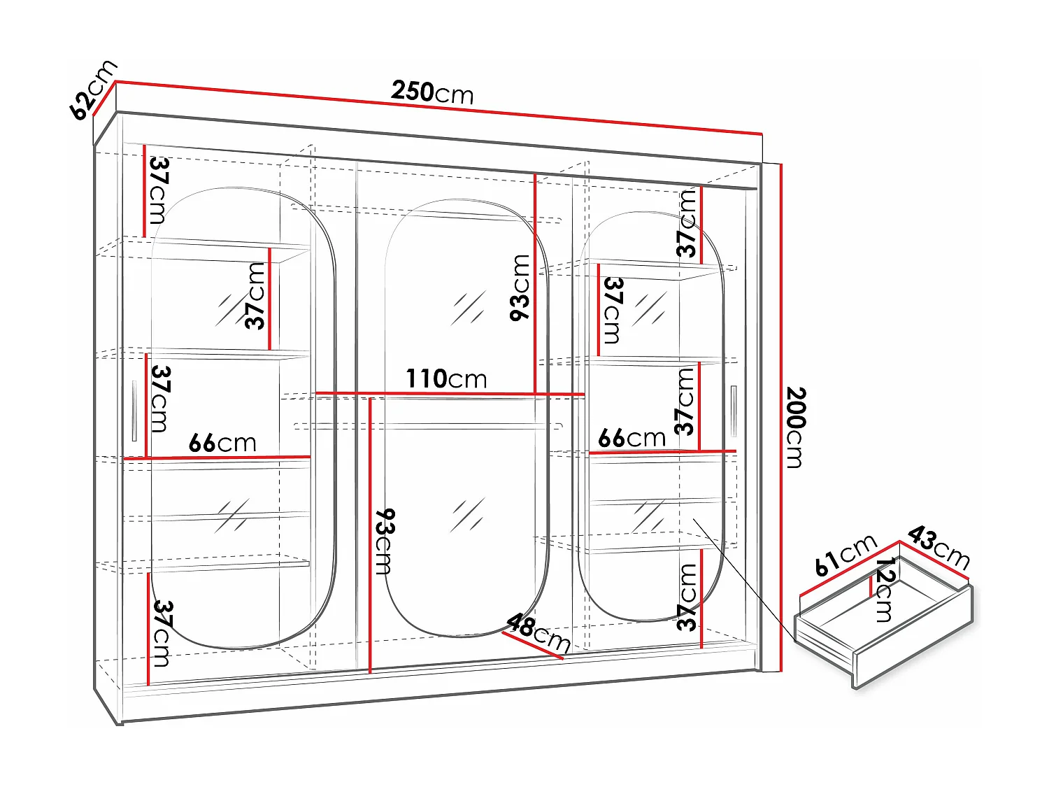 Armario Hartford 522, Negro, 200x250x62cm, Puertas de armario: Correderas