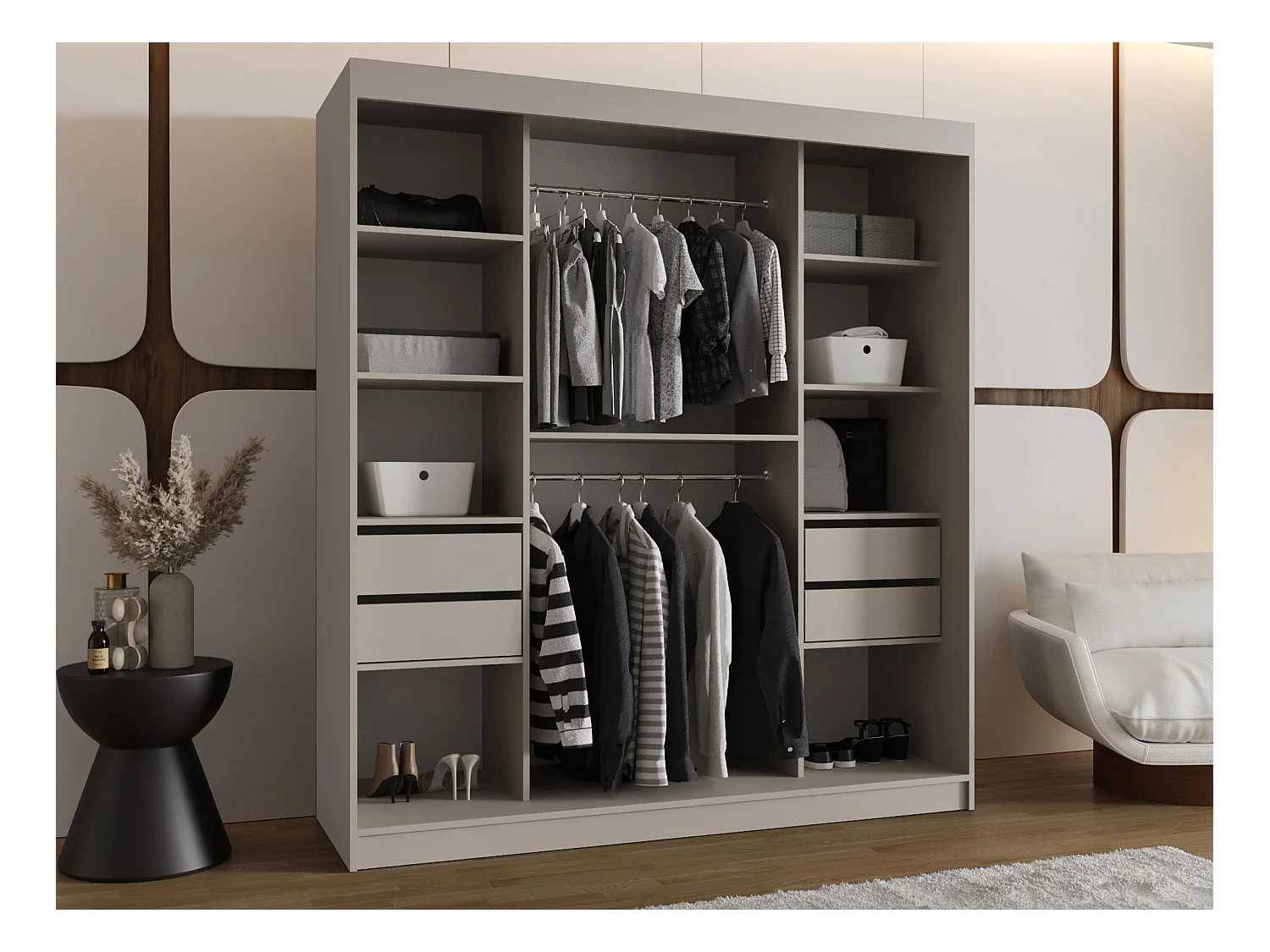 Armoire Hartford 520, Noir, 200x180x62cm, Portes d'armoire: Coulissantes