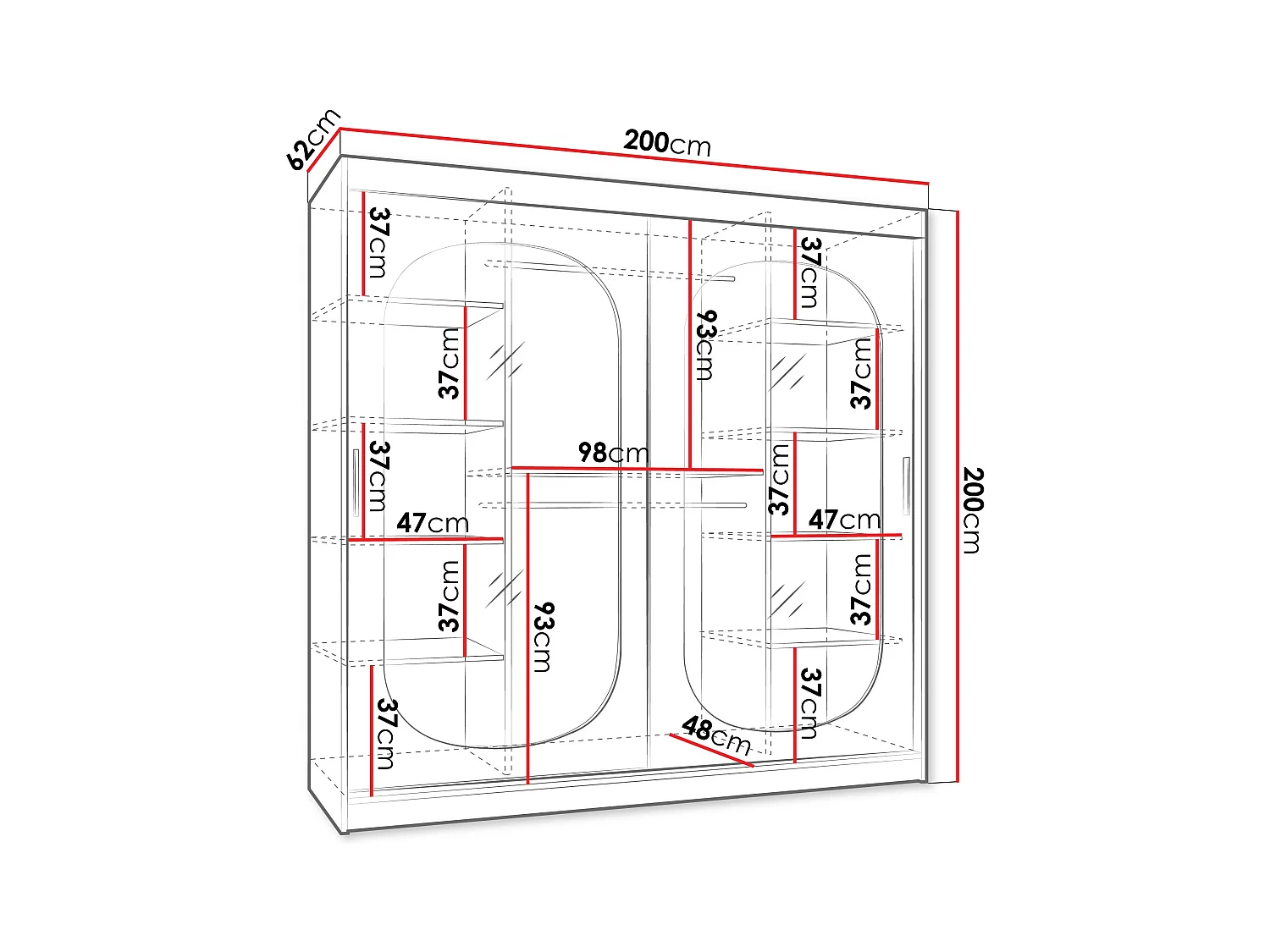 Armoire Hartford 521, Noir, 200x200x62cm, Portes d'armoire: Coulissantes