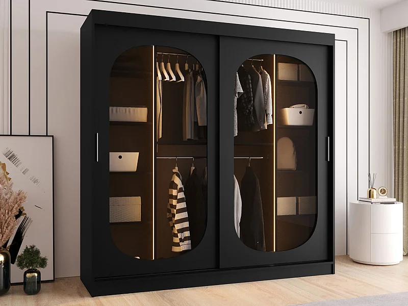 Armoire Hartford 521, Noir, 200x200x62cm, Portes d'armoire: Coulissantes