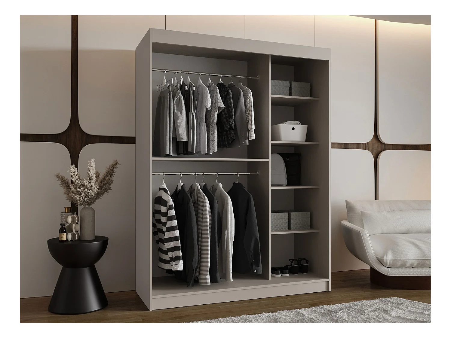 Armoire Hartford 519, Noir, 200x150x62cm, Portes d'armoire: Coulissantes