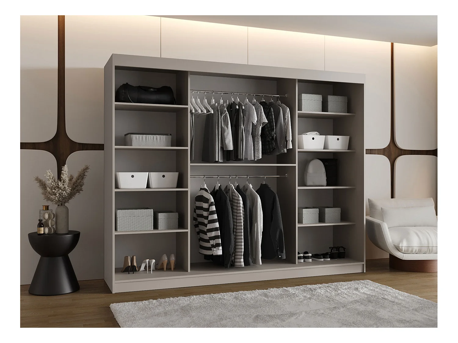 Armoire Hartford 522, Noir, 200x250x62cm, Portes d'armoire: Coulissantes