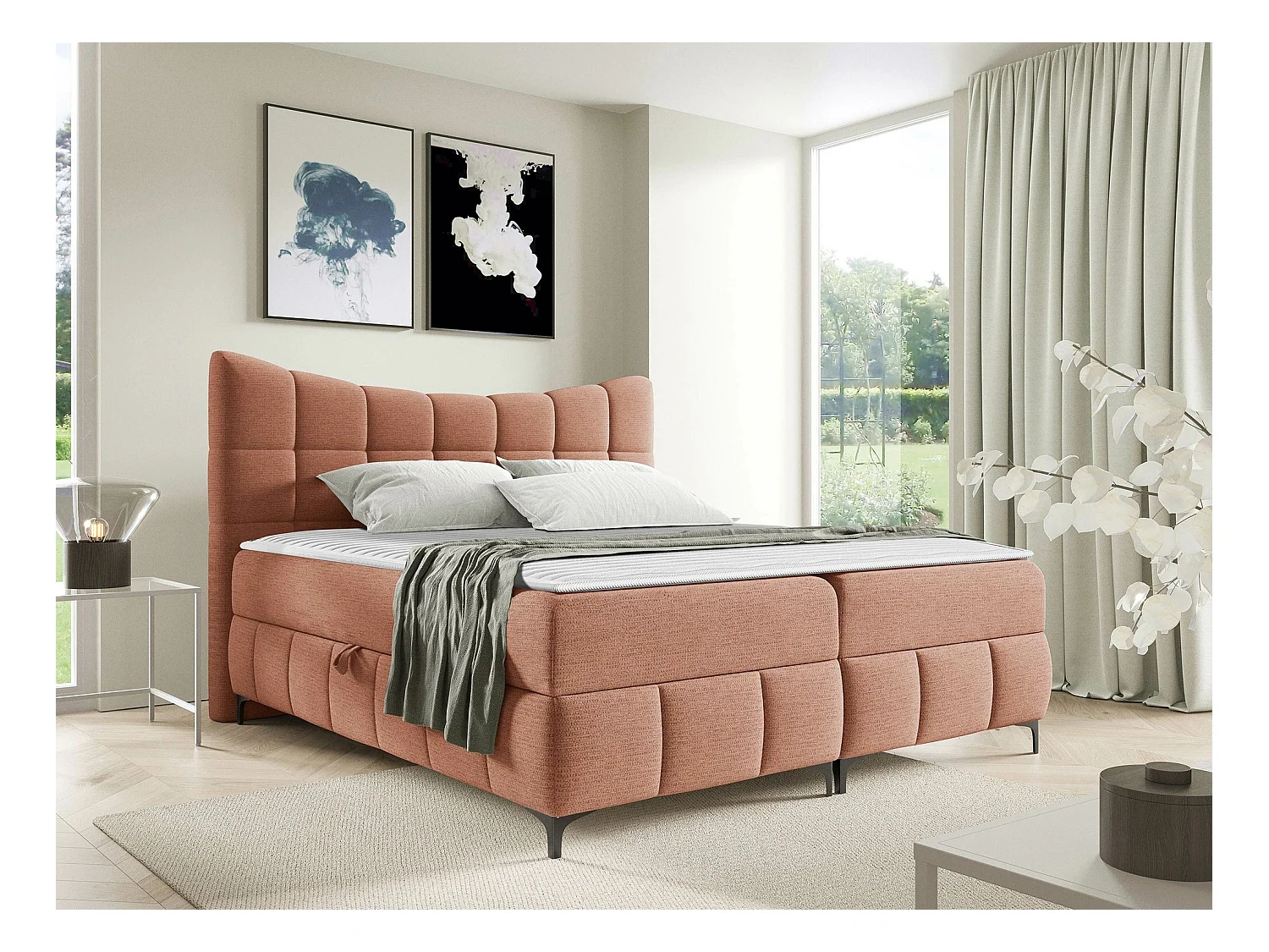 Lit continental Baltimore 193, Continental, Double, Rouge, 200x200, Tapisserie, 204x210cm