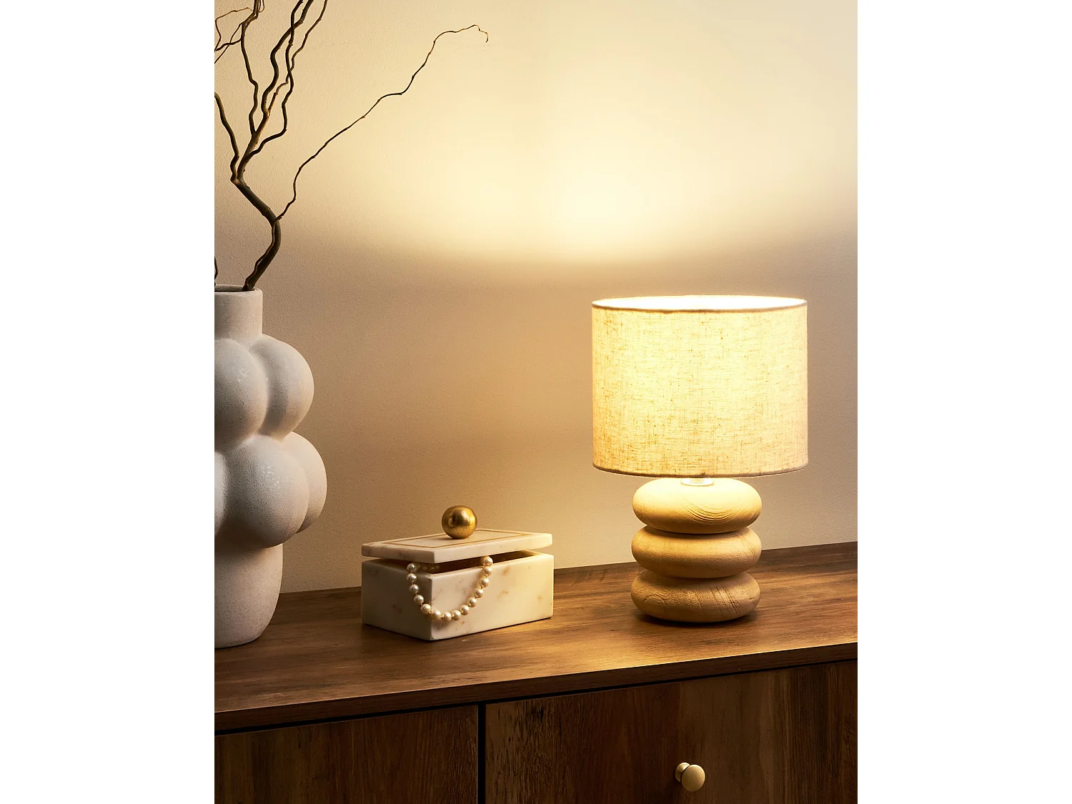 Tischlampe Baumwolle Mangoholz beige / hell braun modernes Design Betwa